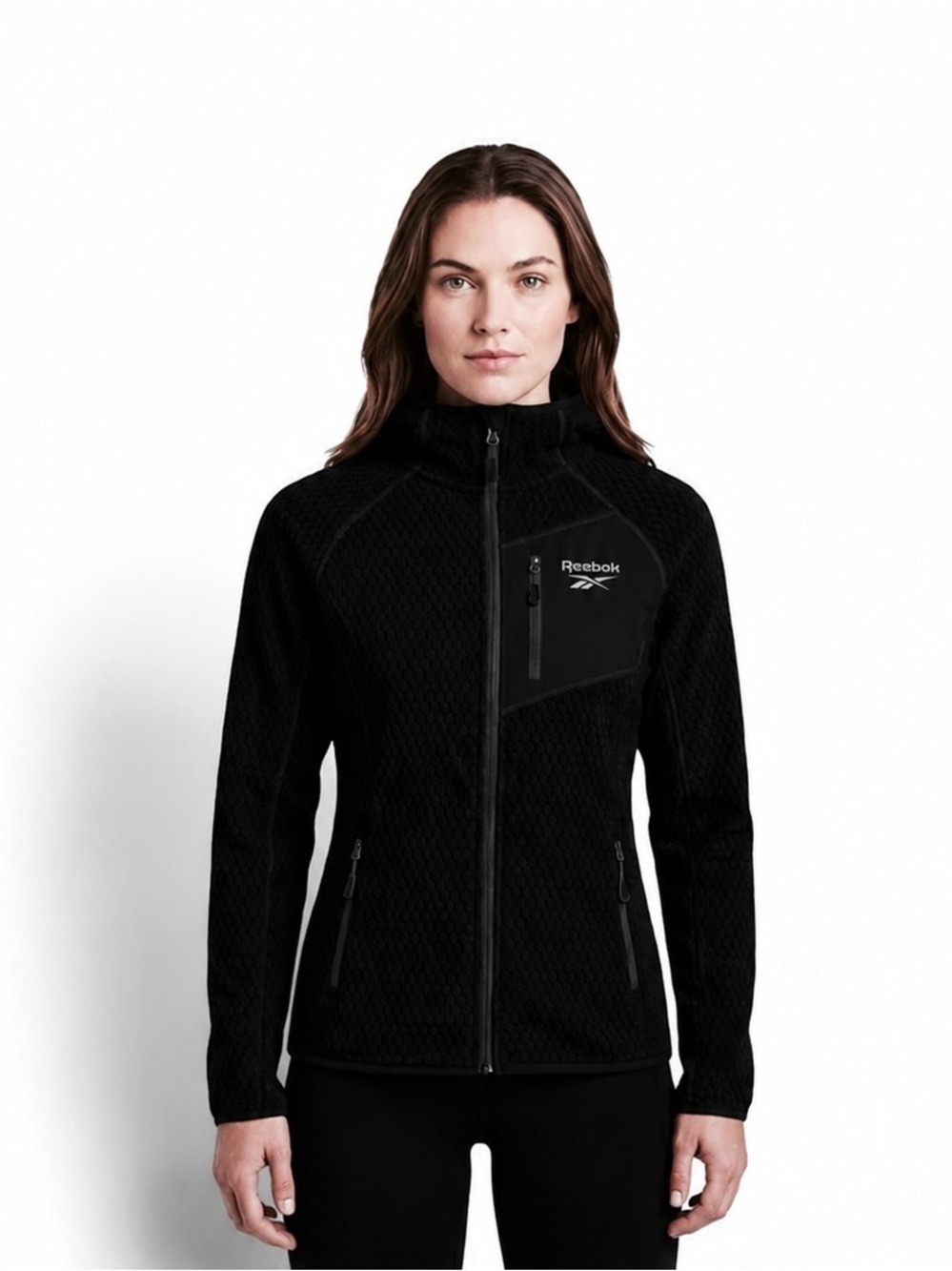 Dark black Reebok Black Women's Full-Zip Textured Fleece Utility Jacket